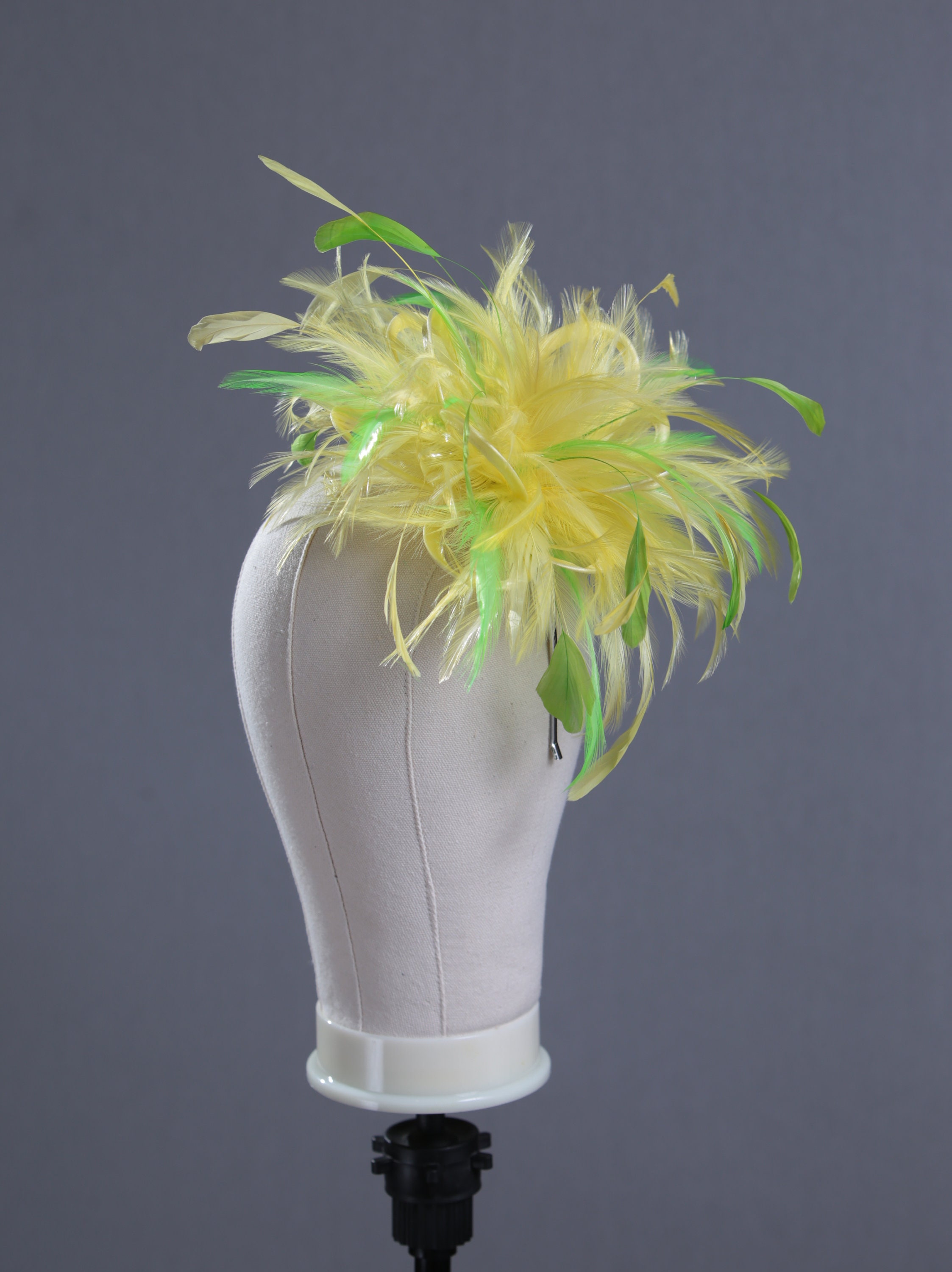 Yellow and Lime Green Feather Fascinator Hat - Wedding  display picture 2