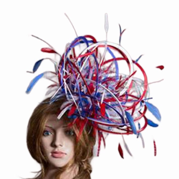 Large Red White Blue 4th July USA Independence Day Jubilee Rhinestone Diamante Feather Fascinator Hat
