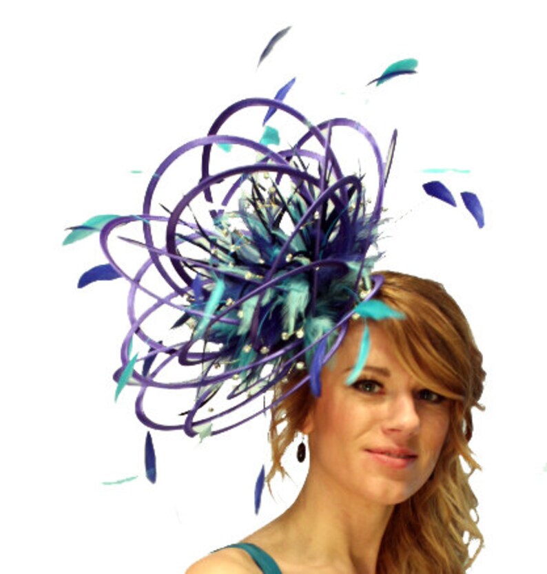 choose any colour feathers /& satin wedding Large Royal ladies day Turquoise and Aqua Blue Rhinestone Diamante Feather Fascinator Hat