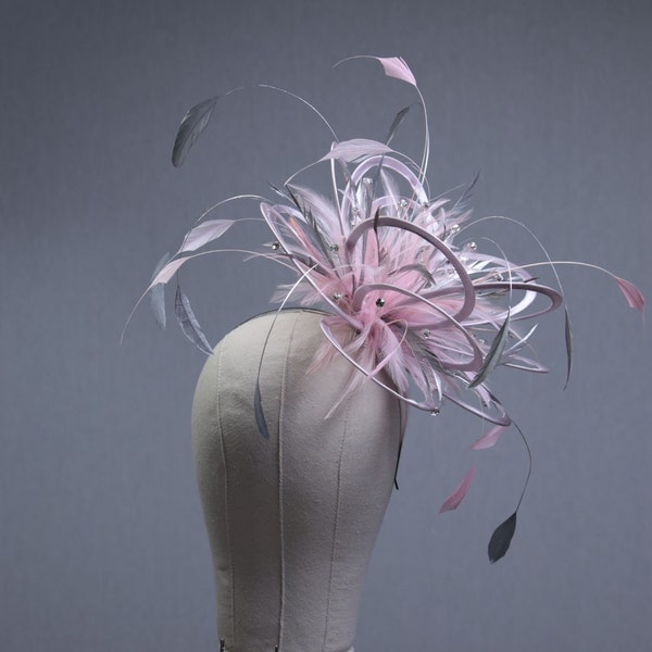 Pinky silver, silver, clover and dusky rose pink Satin Feather Fascinator Hat with Rhinestones - wedding, ladies day - choose any colours