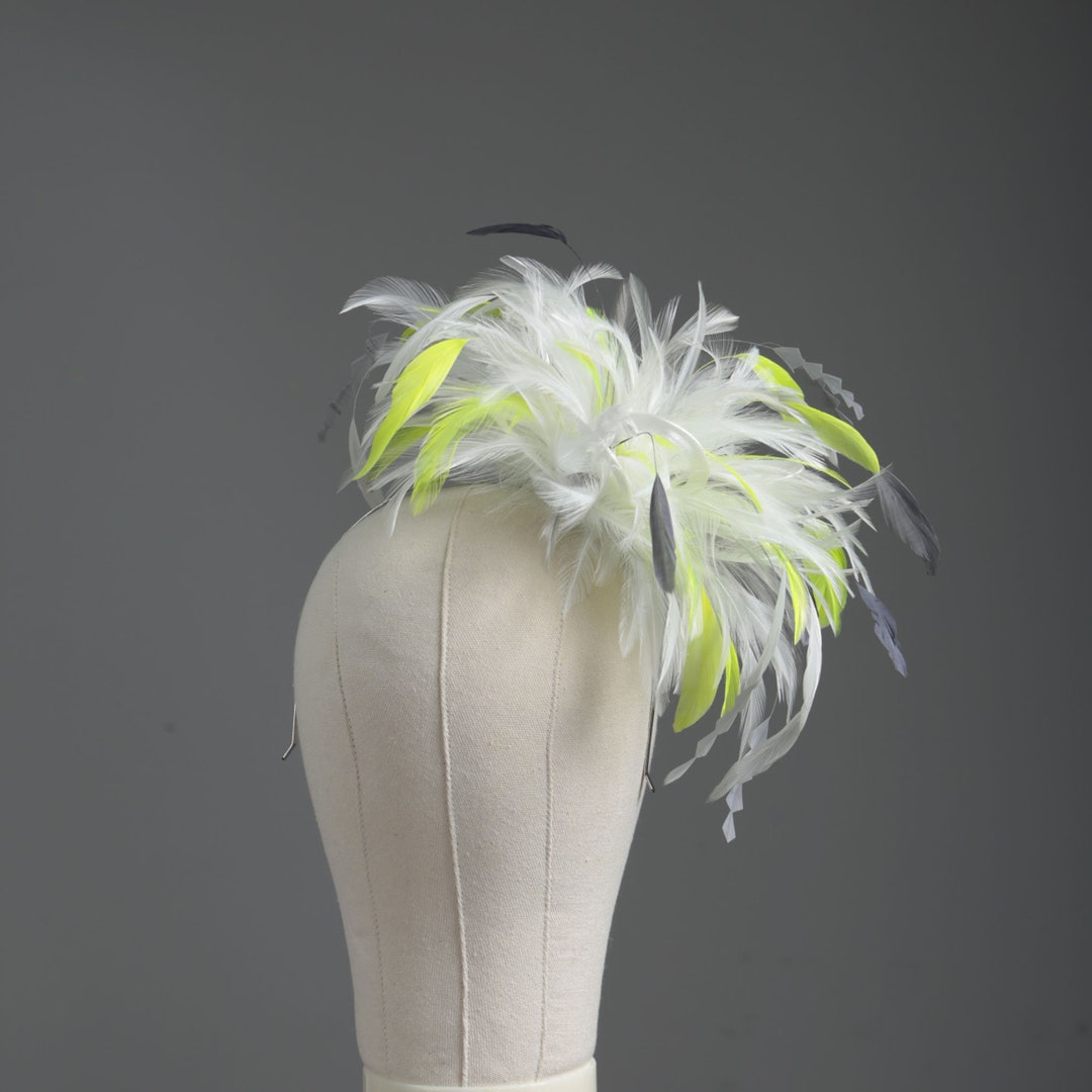 Feather fascinator Hair Clip - Lime Green & White. Hat Lime green crystal feather fascinator hat – House of Hats main image 4