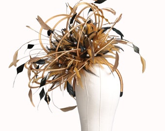 Large Gold and Black Rhinestone Diamante Feather Fascinator Hat - wedding, ladies day - choose any colour feathers & satin
