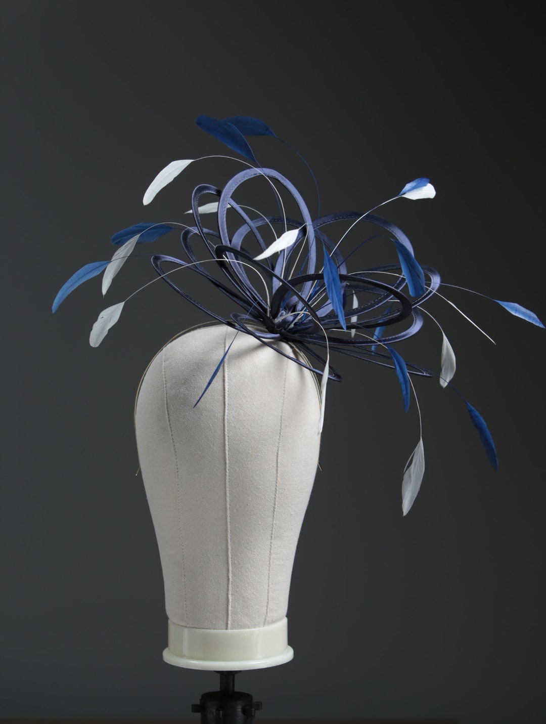 Navy Blue and White Satin Feather Fascinator Hat-wedding - Etsy