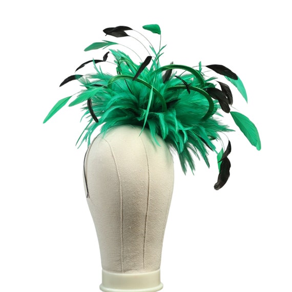 Green & Black Feathered Fascinator Headpiece One off Piece Large Black & Green Peacock Feather Straw  main image 4