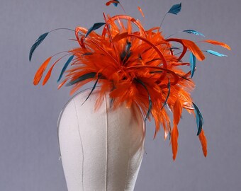 Orange and Teal Satin  Feather Fascinator Hat - wedding, ladies day, Mother of the Bride - choose any colour feathers & satin