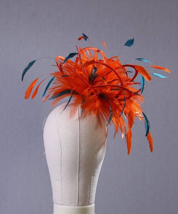 Orange and Teal Satin Feather Fascinator Hat - Wedding  display picture 3