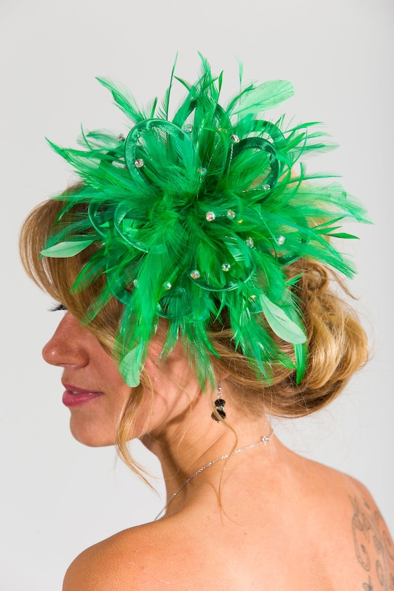 Emerald Green Rhinestone Diamante Satin Feather Fascinator 