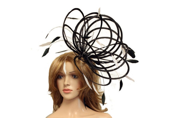 Large Black & Cream Fascinate/Fascinator hat/choose any colour satin/ feathers 
