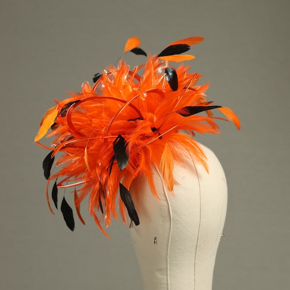 Orange and Black Satin Feather Fascinator Hat - Wedding  display picture 2