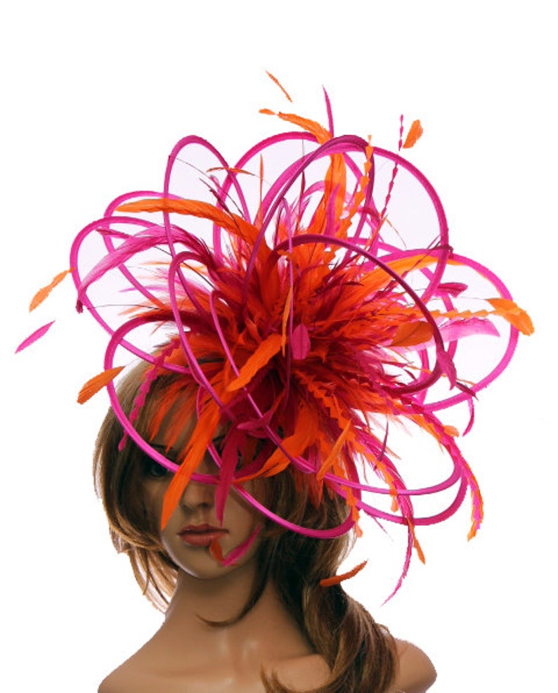choose any colour feathers and satin Hot Pink Fuschia and Orange Large Feather Fascinator Hat-Perfect for a Mother of The Bride,ladies day