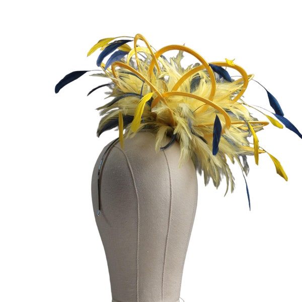 Yellow and Navy Blue Satin  Feather Fascinator Hat - wedding, ladies day, Mother of the Bride - choose any colour feathers & satin