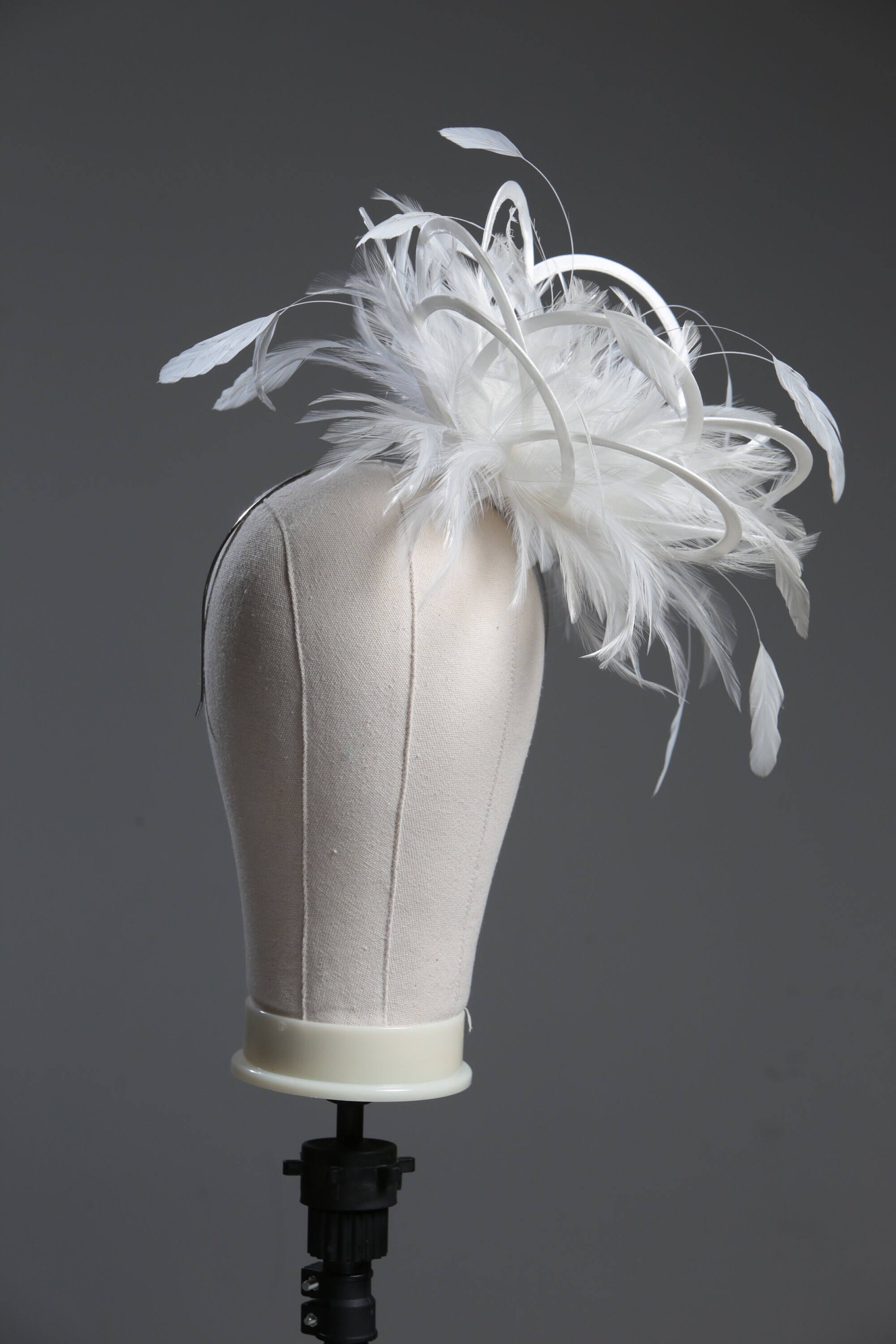 White Satin Feather Fascinator Hat - Wedding, Ladies Day 