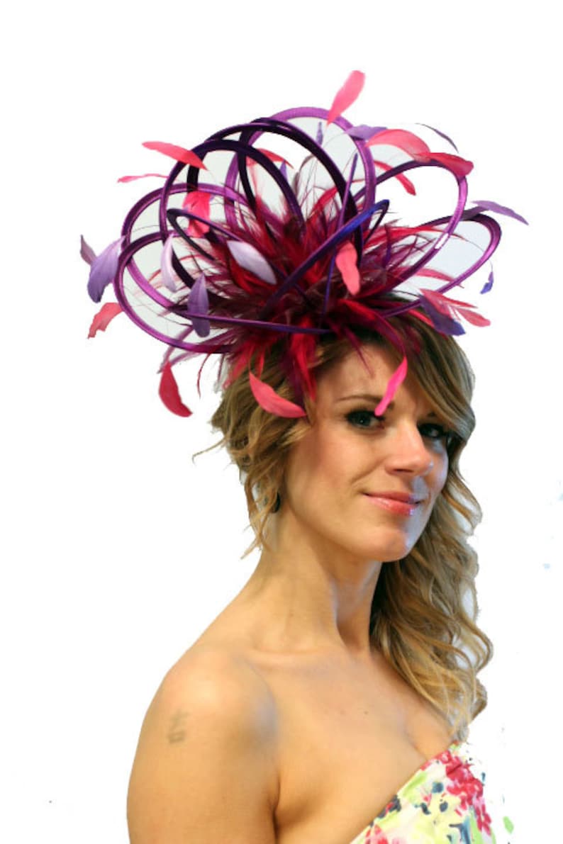 Mother of the Bride wedding Purple and Hot Pink Satin Feather Fascinator Hat choose any colour feathers /& satin ladies day