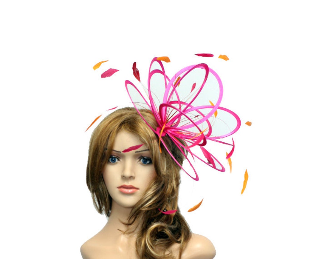 Hot Pink and Mustard Sunshine Yellow Feather Fascinator Hat  display picture 1