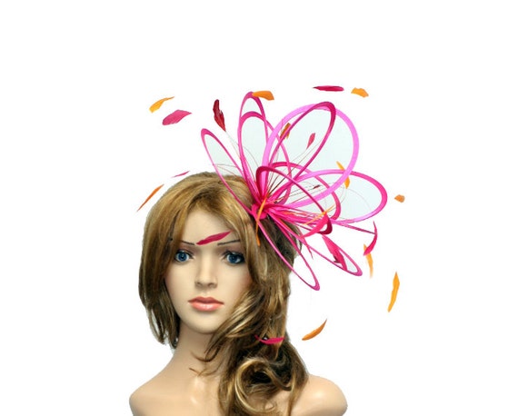 Hot Pink and Mustard Sunshine Yellow Feather Fascinator Hat  display picture 3