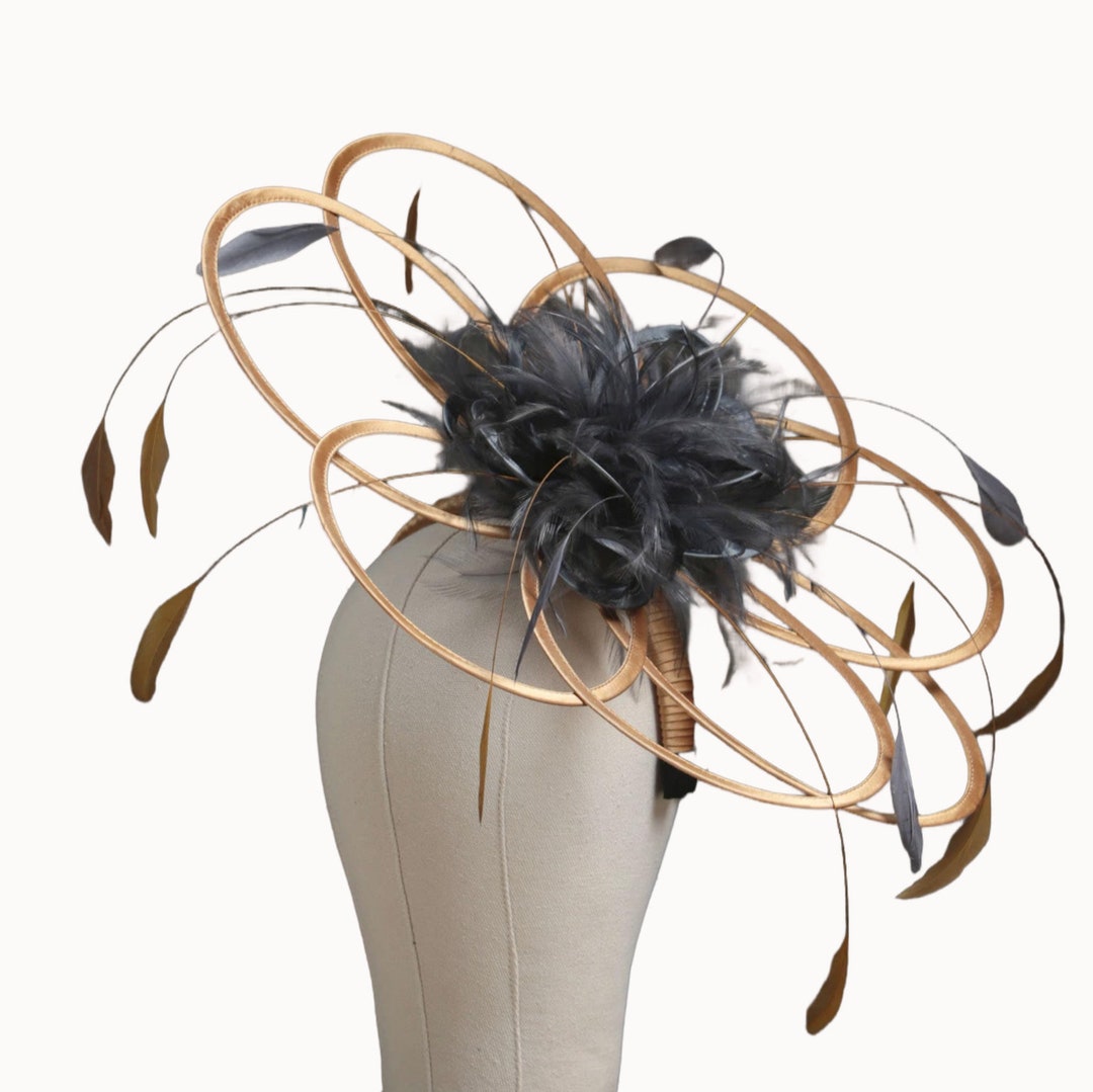 Gold and Pewter With Extra Long Feathers Satin Saucer Loops Fascinator