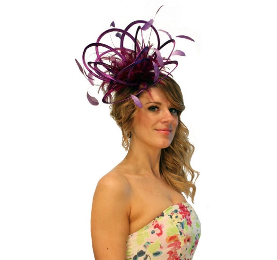 Purple Satin Feather Fascinator Hat - Wedding, Ladies Day  display picture 2