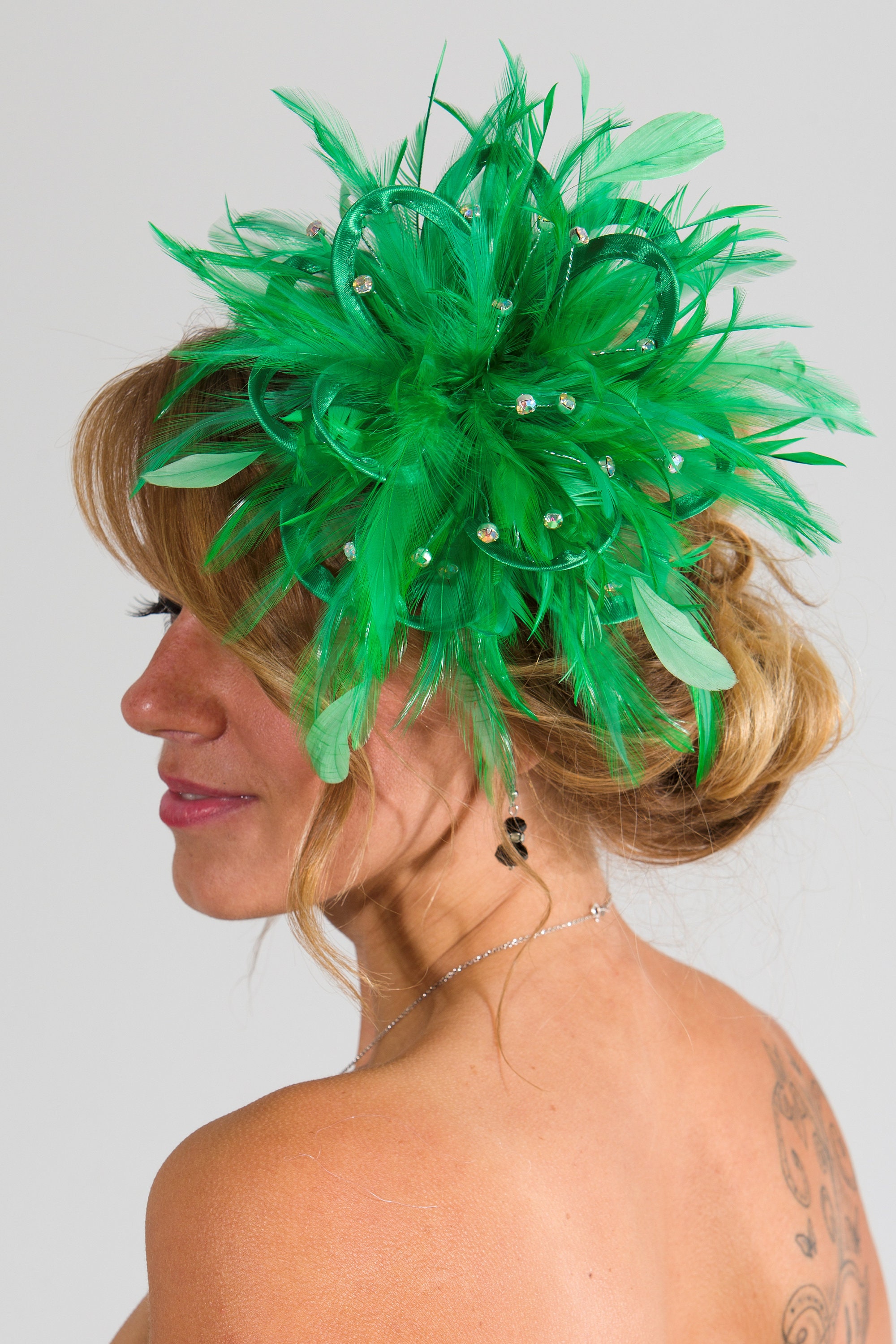Emerald Green Velvet Fascinator Hat Feather Detail Wedding Guest Headpiece Dark emerald green feather padded velvet headband fascinator  main image 4