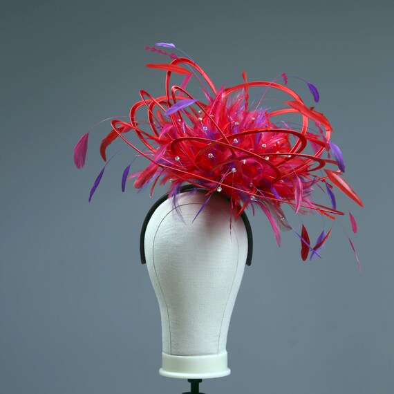 Red and Purple Large Feather Fascinator Hat With Rhinestones 