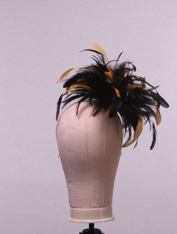 Black and Mustard Yellow Satin Feather Fascinator Hat  display picture 1