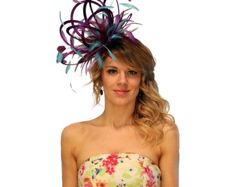 Purple and Turquoise Satin  Feather Fascinator Hat - wedding, ladies day, Mother of the Bride - choose any colour feathers & satin