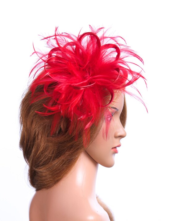 Red Satin and Feather Fascinator Hat - Wedding, Ladies Day  display picture 2