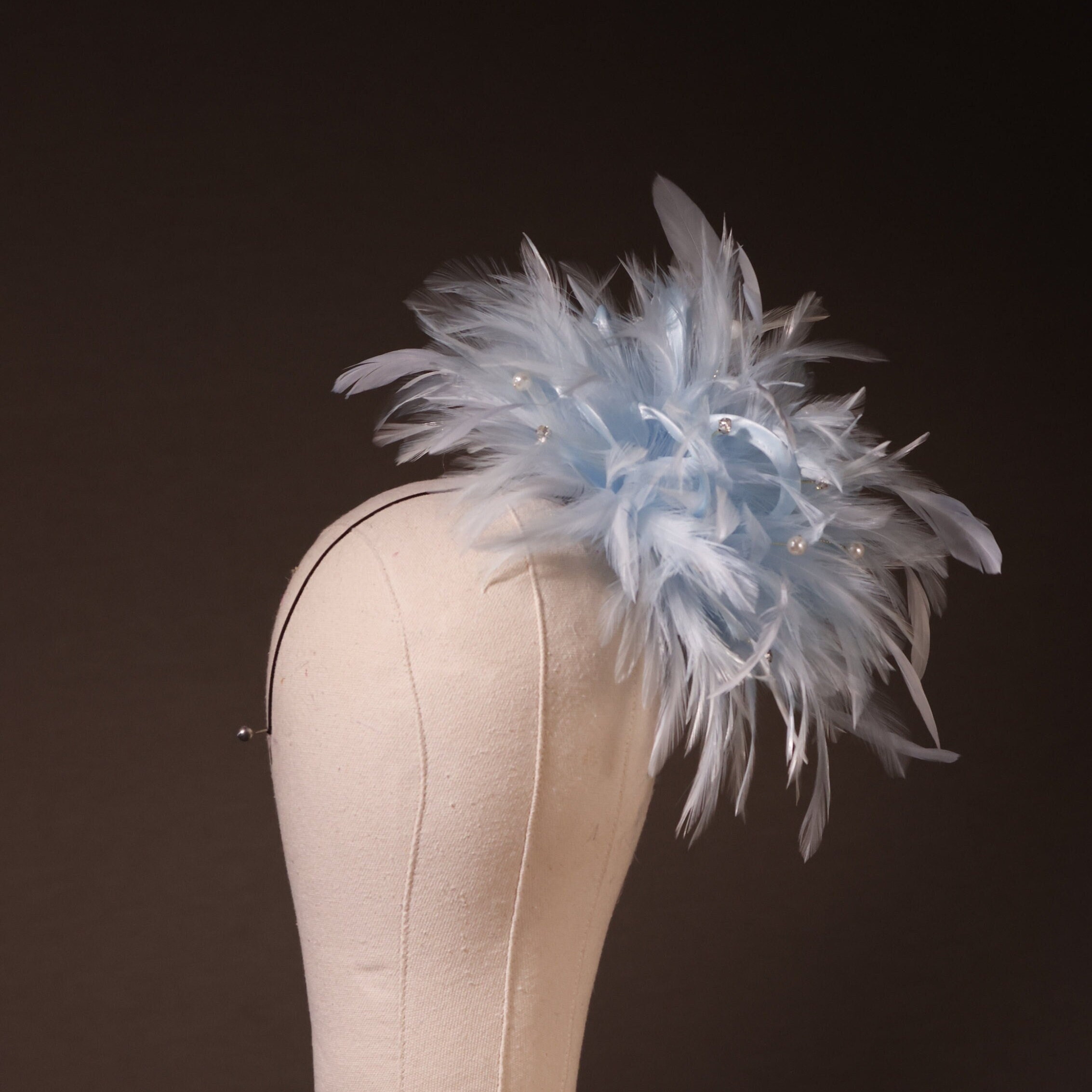 Baby blue rhinestone feather hat kentucky derby hat fascinator royal blue satin with light  main image 3