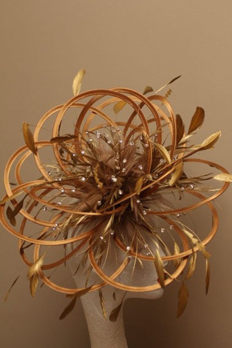 Large Gold Diamante Feather Fascinator Hat wedding ladies