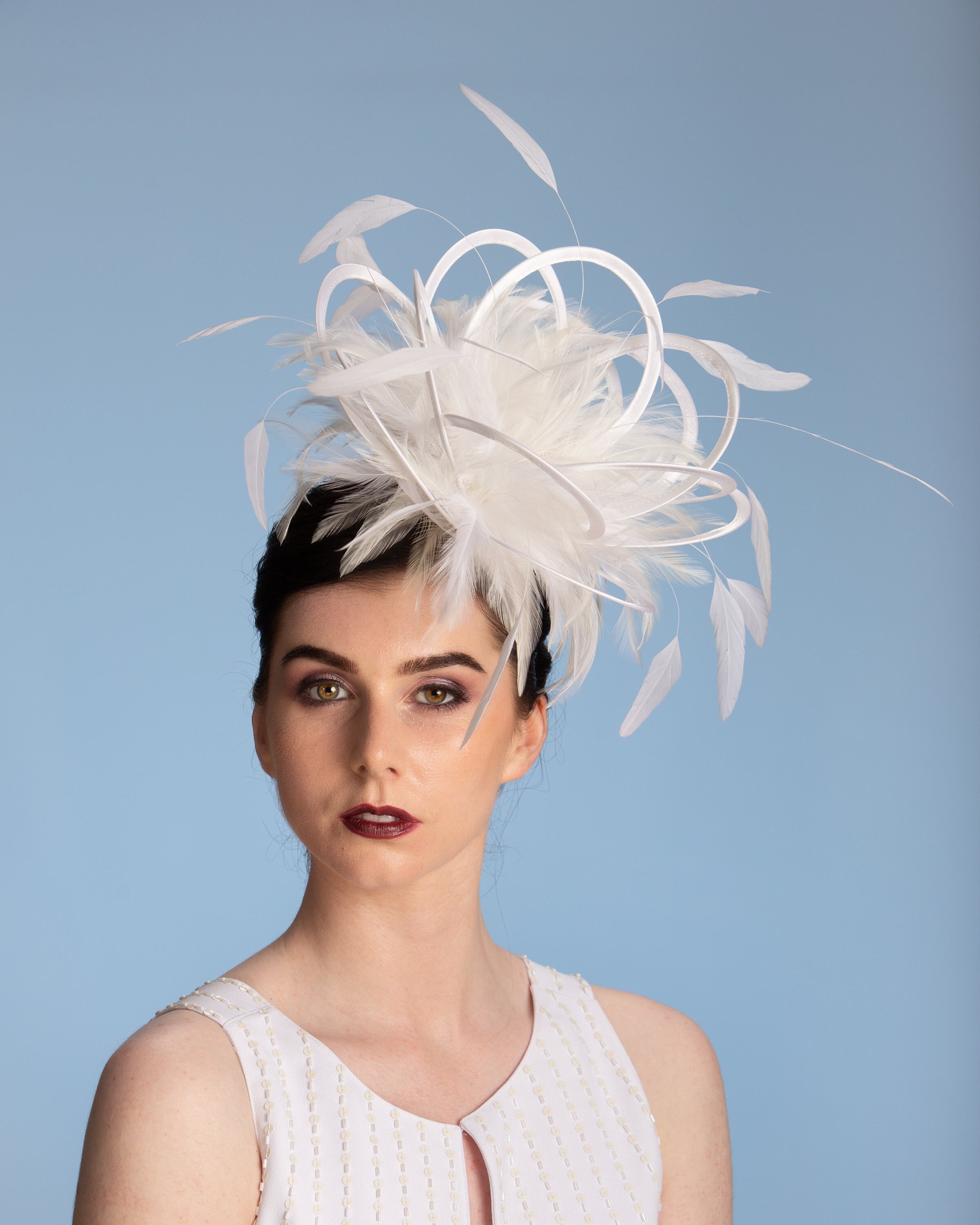 6789 White Sinamay Fascinator Top Hat With Feathers, Church Wedding White Sinamay Fascinator: Feather Flower Hatinator, Bridal  main image 4