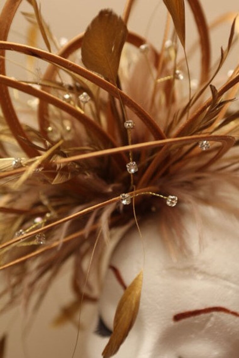 Large Gold Diamante Feather Fascinator Hat wedding ladies