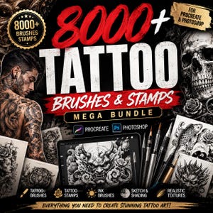 May include: A digital product bundle titled 8000+ Tattoo Brushes & Stamps Mega Bundle for Procreate and Photoshop. The graphic features a person with arm tattoos, a skull illustration, and a tablet screen displaying a demon mask design.