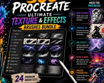 Pakiet ponad 500 pędzli tekstur i efektów Procreate (do pobrania w wersji cyfrowej)