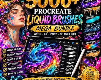 Ponad 5000 pędzli Procreate Liquid | Mega pakiet do akwareli, farb olejnych, płynów, rozprysków, tekstur i farb