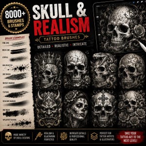 Może przedstawiać: Cyfrowa kolekcja ponad 8000 pędzli i stempli do tatuażu pod tytułem Skull & Realism. Zestaw zawiera r&oacute;żne przykłady pędzli, takie jak cienka linia, kropkowanie i lawowanie tuszem, wraz ze szczeg&oacute;łowymi czarno-białymi ilustracjami czaszek.