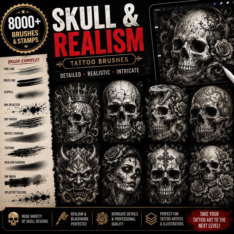 Może przedstawiać: Cyfrowa kolekcja ponad 8000 pędzli i stempli do tatuażu pod tytułem Skull & Realism. Zestaw zawiera r&oacute;żne przykłady pędzli, takie jak cienka linia, kropkowanie i lawowanie tuszem, wraz ze szczeg&oacute;łowymi czarno-białymi ilustracjami czaszek.