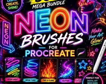 Mega zestaw ponad 50 pędzli neonowych Procreate | Efekty blasku, światła, ognia i brokatu