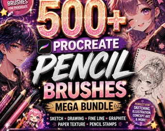 Mega pakiet ponad 500 pędzli ołówkowych Procreate | Pędzle do szkicowania, grafitu, cienkich linii, tekstury papieru i rysowania