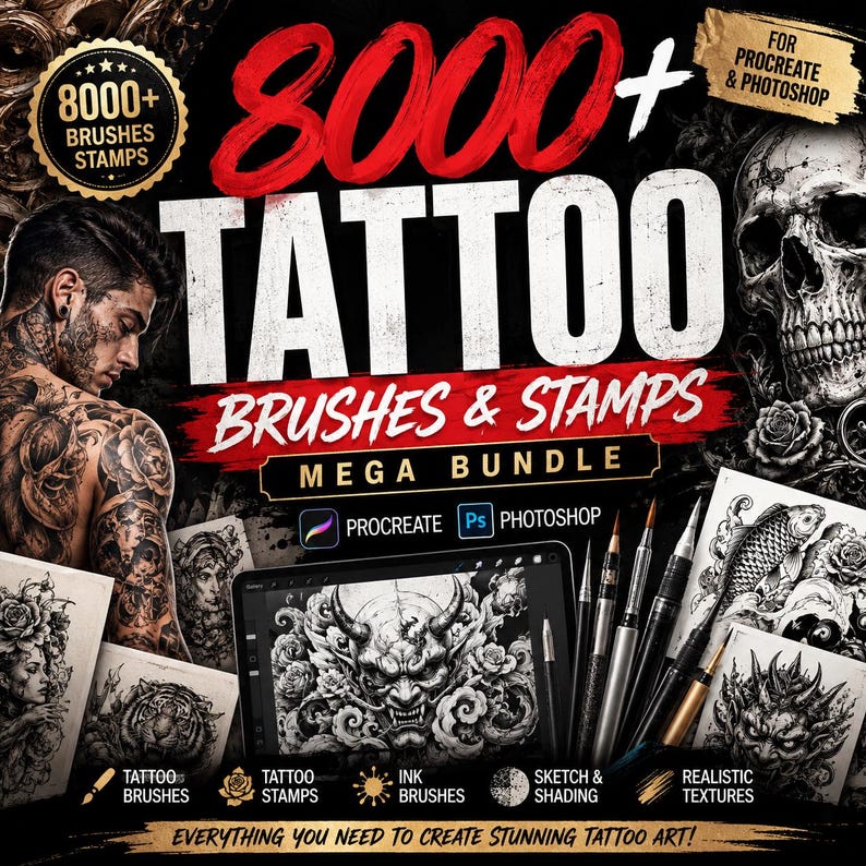 Może przedstawiać: Cyfrowy pakiet produkt&oacute;w zatytułowany 8000+ Tattoo Brushes & Stamps Mega Bundle dla Procreate i Photoshop. Grafika przedstawia osobę z tatuażami na ramionach, ilustrację czaszki oraz ekran tabletu z wzorem maski demona.