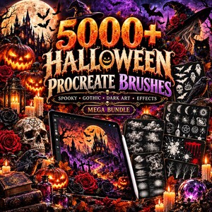 May include: A digital product bundle titled 5000+ HALLOWEEN PROCREATE BRUSHES SPOOKY GOTHIC DARK ART EFFECTS MEGA BUNDLE. The image features a tablet displaying a gothic castle scene, surrounded by pumpkins, skulls, roses, and candles.