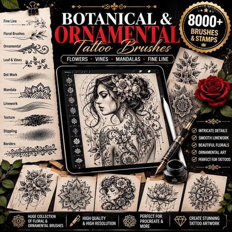 Może przedstawiać: Cyfrowy tablet wyświetlający czarno-białą ilustrację osoby z tatuażami kwiatowymi, otoczony r&oacute;żnymi drukowanymi pr&oacute;bkami papieru z botanicznymi i ornamentalnymi wzorami tatuaży, rysikiem oraz kałamarzem na ciemnym tle.