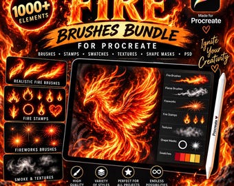 Fire Procreate Brushes Bundle | Flame, Fireworks, Smoke, Fire Stamps, Textures and Swatches | Digital Art Brush Pack