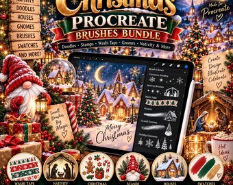 Christmas Procreate Brushes Bundle | Christmas Doodle, Nativity, Washi Tape, Gnomes and Holiday Stamps