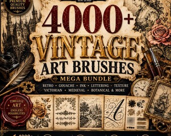 Pakiet ponad 4000 pędzli artystycznych Procreate Vintage | Styl retro, gwasz, tusz, styl wiktoriański, styl średniowieczny, napisy, tekstura (cyfrowy)