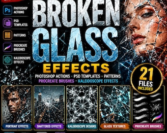 Pakiet efektów rozbitego szkła | Akcje programu Photoshop, pliki PSD, pędzle Procreate (do pobrania w wersji cyfrowej)