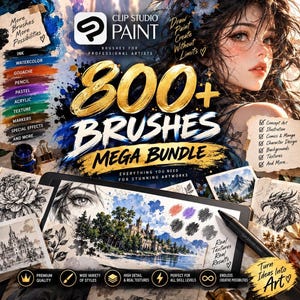 Puede incluir: Un paquete de software de arte digital titulado 800+ Brushes Mega Bundle para Clip Studio Paint. El gráfico presenta un retrato estilizado de una persona, varias muestras de trazos de pincel y texto que incluye Draw Paint Create Without Limits.