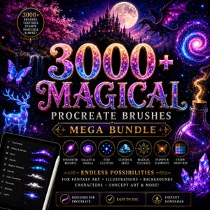 Pode incluir: Um anúncio de produto digital para o 3000+ Magical Procreate Brushes Mega Bundle. O gráfico apresenta um castelo de fantasia, um dragão, um cervo brilhante e uma borboleta sob um céu estrelado. Inclui um tablet exibindo categorias de pincéis.