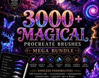 Zestaw ponad 3000 magicznych pędzli Procreate | Pędzle fantasy, zaczarowane, galaktyki, mgławice, blask, gwiazdy i tekstury
