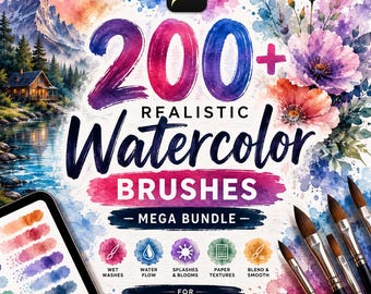 Mega pakiet ponad 200 realistycznych pędzli akwarelowych | Zestaw pędzli akwarelowych Procreate