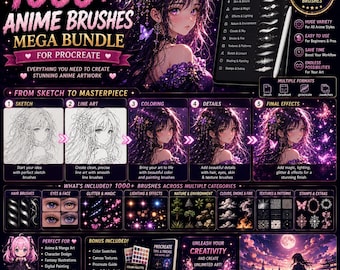 Mega pakiet ponad 1000 pędzli anime Procreate | Włosy, oczy, brokat, oświetlenie (do pobrania w wersji cyfrowej)