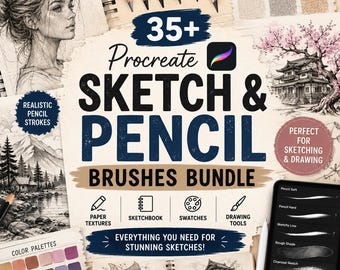 Pakiet 35 pędzli do szkicowania i ołówka Procreate: tekstury papieru, szkicownik, próbki i narzędzia do rysowania